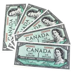 1954 Bank of Canada $1 Lawson-Bouey Signatures with Consecutive Serial Numbers D/I2290051-055 UNC. 5