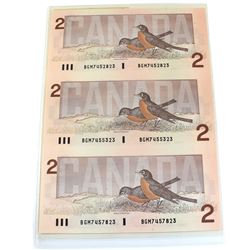 Set of 3 Uncut 1986 $2 BC-55b (two small B's) Theissen-Crow S/N: BGM7452823/7455323/7457823. UNC *Sc