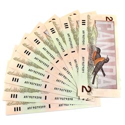Lot of 9x consecutive 1986 uncirculated $2 Banknotes. Crow-Bouey, S/N: ARF9079391-399. BC-55a.