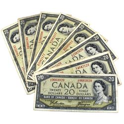 Group Lot of 8x 1954 Modified $20 Banknotes, 7x Beattie-Rasminsky, BC-41b and 1x Beattie-Coyne, BC-4