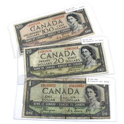1954 $1, $20 & $100 Bank of Canada Devil's Face Notes - BC-29a $1 Coyne-Towers, BC-33b $20 Beattie-C