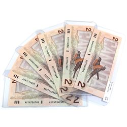 Group Lot of 6x 1986 uncirculated $2 Banknotes. Theissen-Crow. BC-55b. All notes have different Pref