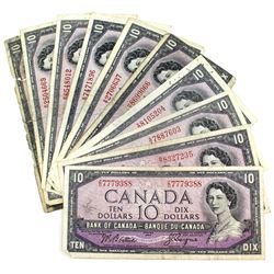 1954 $10 Bank of Canada Modified Portrait Notes - 2x Beattie-Coyne & 8x Beattie-Rasminsky Signatures