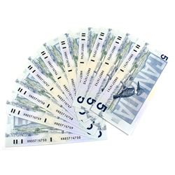1986 $5 BC-56e Bank of Canada Notes Knight-Dodge Signatures with Consecutive Serial Numbers HNB57147