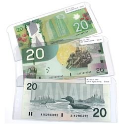 1991, 2005 & 2012 Bank of Canada $20 Notes with 3 & 4 Digit RADAR Serial Numbers - 1991 BC-58a-ii 4 