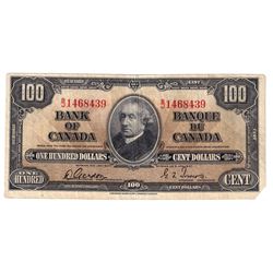 1937 $100 BC-27b, Bank of Canada, Gordon-Towers, B/J1468439, F-VF. Note has a cut corner and a 2mm t