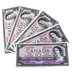 1954 $10 Bank of Canada Modified Portrait Notes Extra Fine or Better - 2x Beattie-Coyne & 3x Beattie