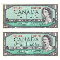 Pair of 1954 $1 Bank of Canada Modified Portrait Notes Bouey-Rasminsky Signature with Consecutive Se