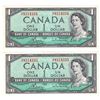 Image 1 : Pair of 1954 $1 Bank of Canada Modified Portrait Notes Bouey-Rasminsky Signature with Consecutive Se