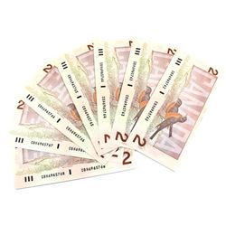 Lot of 7x consecutive 1986 uncirculated $2 Banknotes. Bonin-Theissen, S/N: CBH6965762-768. BC-55c.