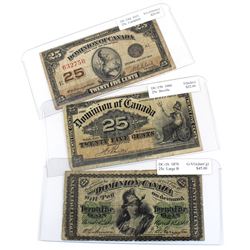 1870, 1900 & 1923 Dominion of Canada 25-cent Banknotes. You will receive each example year of this b