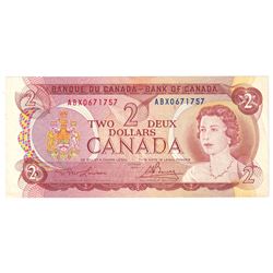1974 $2 BC-47aA-I, Bank of Canada, Lawson-Bouey, ABX0671757, AU-UNC (light stain at top of note).