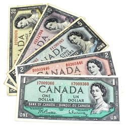 1954 Bank of Canada $1, $2, $5, $10 & $20 Modified Portrait Notes - Prefixes $1 X/Z, $2 W/R, $5 S/X,