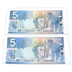 2006 $5 BC-67a Bank of Canada Notes Jenkins-Dodge Signatures with 3 Digit RADAR Serial Numbers Uncir