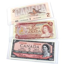 1954, 1974 & 1986 Bank of Canada $2 Notes with 3 Digit RADAR Serial Numbers - 1954 S/U0850580, 1974 