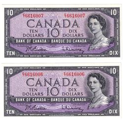 1954 $10 BC-40b Bank of Canada Notes Beattie-Rasminsky Signatures with Consecutive Serial Numbers E/