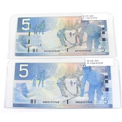 2004 & 2008 $5 Bank of Canada Notes with 3 & 4 Digit RADAR Serial Numbers - 2004 BC-62b 4 Digit HNR0