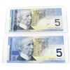 Image 2 : 2004 & 2008 $5 Bank of Canada Notes with 3 & 4 Digit RADAR Serial Numbers - 2004 BC-62b 4 Digit HNR0