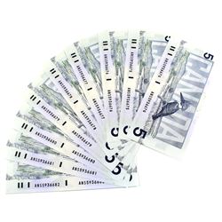 1986 $5 BC-56e-i Bank of Canada Notes Knight-Dodge Signature with Consecutive Serial Numbers ANS5936