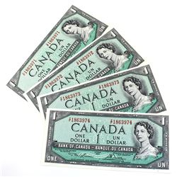 1954 $1 Bank of Canada Notes Lawson-Bouey Signature with Consecutive Serial Numbers Z/F1863971-974 U