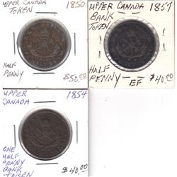 Lot of 3x Bank of Upper Canada Half Penny Tokens. This lot includes: 1850, 1854 & 1857. 3pcs