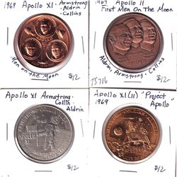 4x 1969 Apollo Medallions: Apollo XI Armstrong Collin Aldrin, Apollo XI "Project Apollo", Apollo XI 