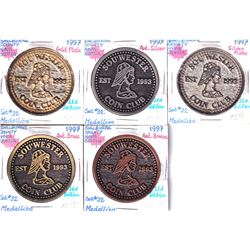 5x 1997 Shelburne County Nova Scotia " Sou'Wester Coin Club" Medallion in various medals. Medals inc
