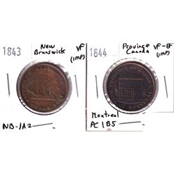 1843 VF NB-1A2 (impaired) & 1844 VF-EF PC-1B5 (impaired) Half Penny Tokens. 2pcs