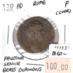 Rome 139 CE Brass Dupondius Faustina Senior Fine (corrosion)