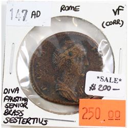 Rome 147 CE Brass Sestertius Diva Faustina Senior Very Fine (impaired)