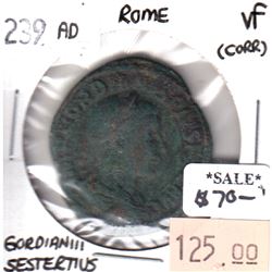Rome 239CE Gordian III Sestertius in Very Fine (VF-20) Condition (corrosion)