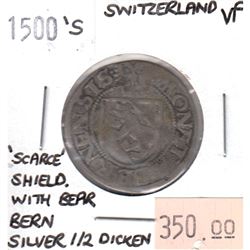 Switzerland 1500's 'Scarce' Shield with Bear Bern Silver 1/2 Dicken Very Fine