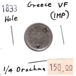 Greece 1833 1/4 Drachma in Very Fine (VF-20) Condition (impaired)