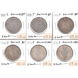 Germany 1951-1974 5-Marks in EF to UNC Condition. 6pcs