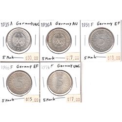 Germany 1935-1974 5-Marks (Holders Indicate Extra Fine or Better Conditions). 5Pcs