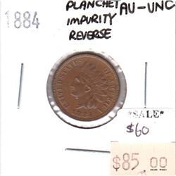 1884 USA Cent AU-UNC (AU-55) Planchet Impurity Reverse