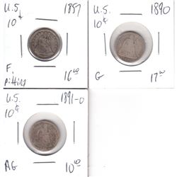 1857, 1890 & 1891O USA 10-cents Fine to AG (3 pcs)