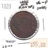 Image 1 : 1820 Large Date Plain Top 2 USA Cent VG-F (VG-10) corrosion