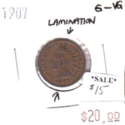 1907 USA Cent G-VG Lamination Error