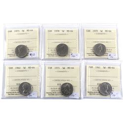 1961-1979 Canada 5-cent ICCS Certified MS-64. 6pcs