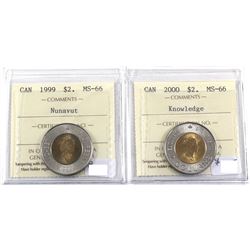 1999 Nunavut & 2000 Knowledge $2 ICCS Certified MS-66. 2pcs