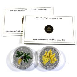 2005 & 2006 $5 Canada Coloured Silver Maple Leafs Encapsulated with COAs (2006 coin has light toning