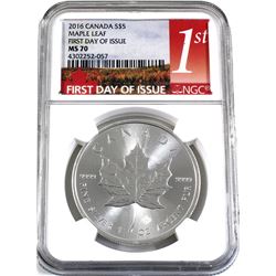 2016 Canada $5 1oz Fine Silver Maple Leaf NGC Certified MS-70 First Day Issue (a few light toning sp