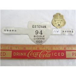 ESTEVAN 1920 BIKE LICENSE AND 1921 DOG LICENSE