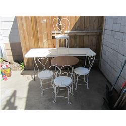 ANTIQUE STEEL ICE CREAM PARLOR SET 4 CHAIRS AND TABLE