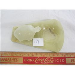 CARVED STONE ASH TRAY WITH TURTLE ON IT