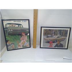 2- FRAMED CAR ADVERTISEMENTS  (OLDSMOBILE F-85 + FORD GALAXIE)