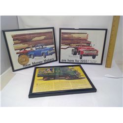 3- FRAMED TRUCK ADVERTISEMENTS (FORD T-800 + RAILWAY EXPRESS + NEW MONEY MAKERS)