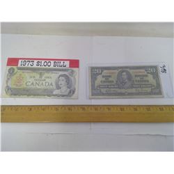 CANADIAN 1937 $20 BILL + 1973 $1 BILL