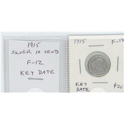 1915 GEORGE V SILVER 10 CENTS. F-12. KEY DATE. NICE.